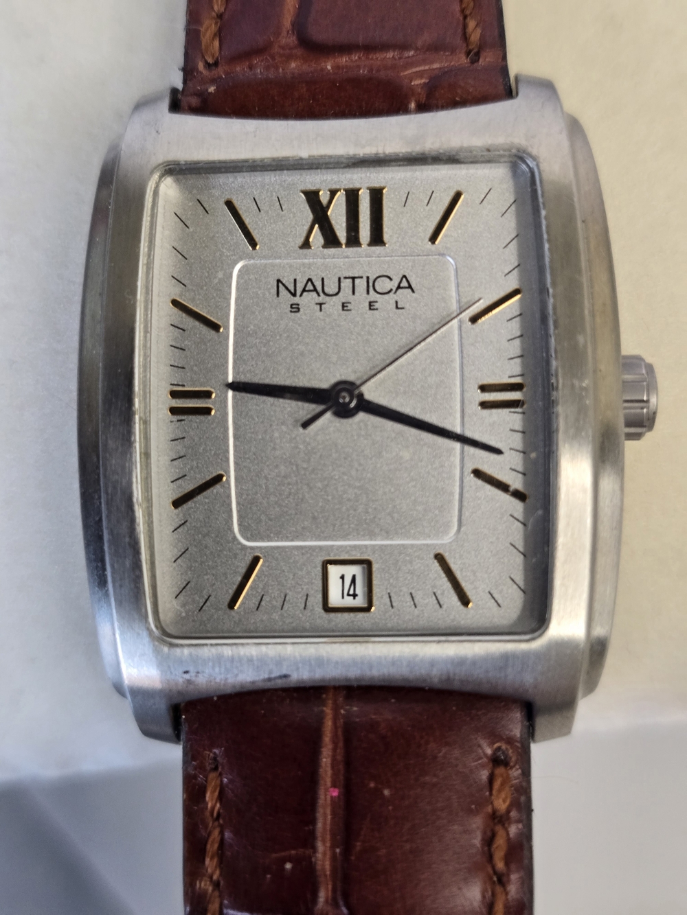 Nautica Steel Y2K Silver Dial Watch with Brown Leather Strap